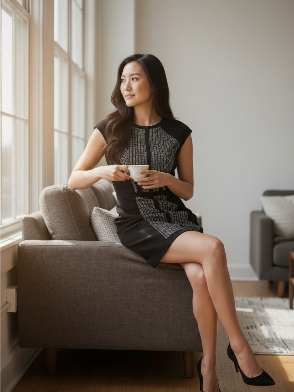 bebe Black Asymmetrical Cap-Sleeve Sheath Dress